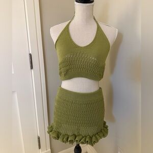 Olive Green Knit Two-Piece Halter Top & Mini Skirt Set